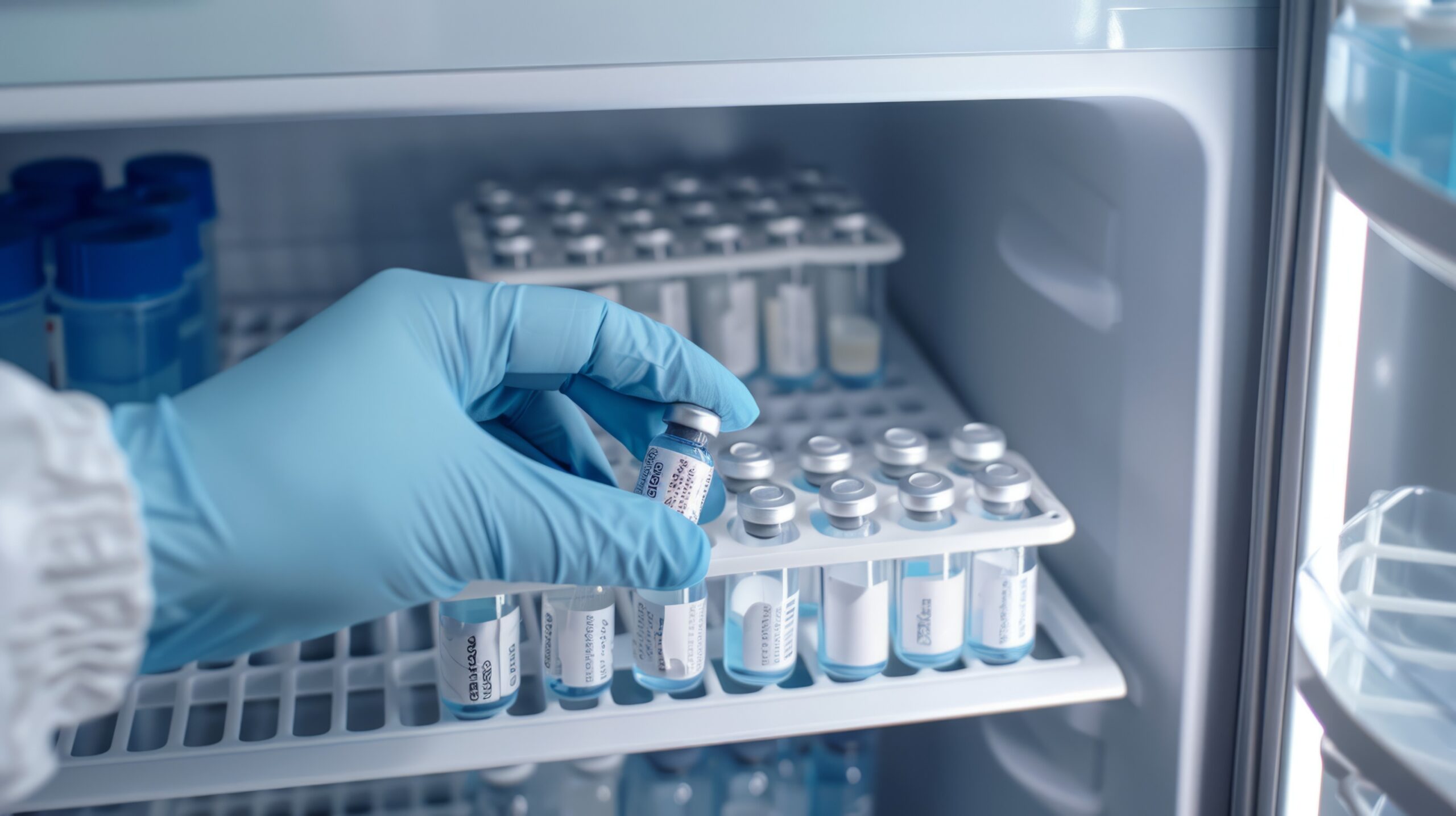A gloved hand carefully retrieves a vial of vaccine from a refrigerated storage unit, where rows of vials are neatly arranged.